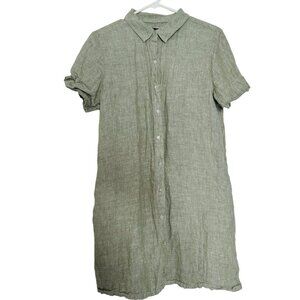 Tahari 100% Linen Olive Green Button Up Short Sleeve Dress Pockets Large L